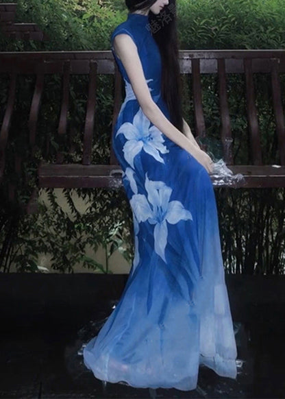 Vestidos largos sexis de tul con cuello redondo y estampado azul sin mangas