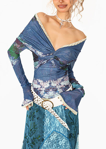 Sexy Blue V Neck Print Lace Patchwork Tulle Shirt Flare Sleeve