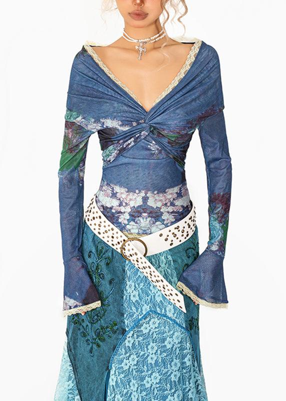 Sexy Blue V Neck Print Lace Patchwork Tulle Shirt Flare Sleeve
