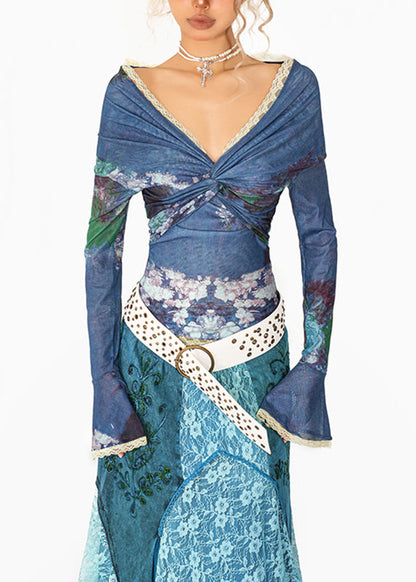 Sexy Blue V Neck Print Lace Patchwork Tulle Shirt Flare Sleeve