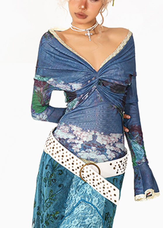 Sexy Blue V Neck Print Lace Patchwork Tulle Shirt Flare Sleeve