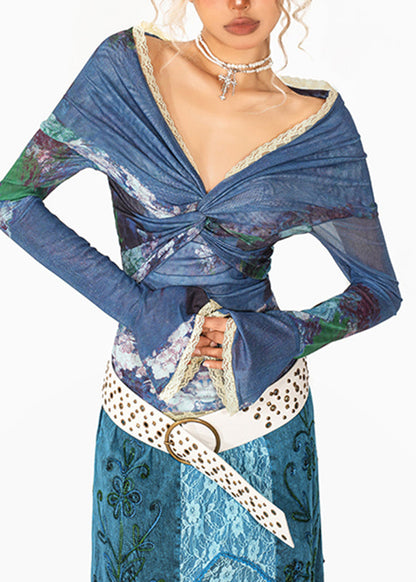 Sexy Blue V Neck Print Lace Patchwork Tulle Shirt Flare Sleeve