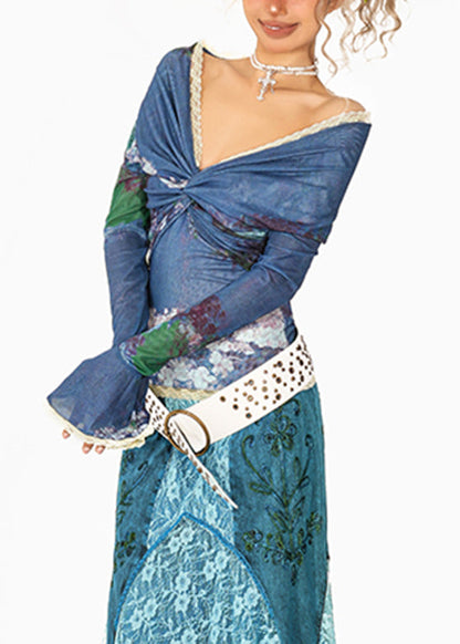 Sexy Blue V Neck Print Lace Patchwork Tulle Shirt Flare Sleeve