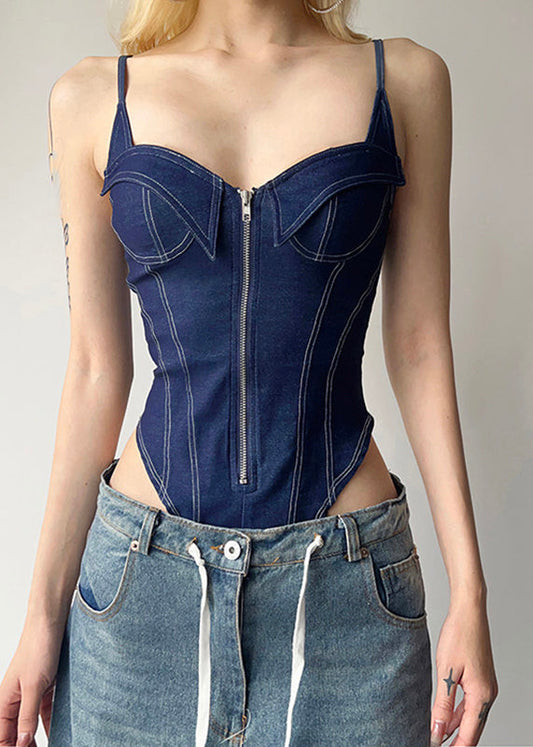 Sexy Blue Zippered Patchwork Deinim Bodysuit Tops Summer