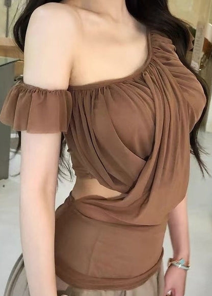 Sexy Brown Asymmetrical Cold Shoulder Tulle Top Summer