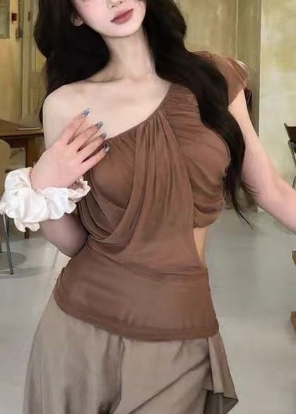 Sexy Brown Asymmetrical Cold Shoulder Tulle Top Summer