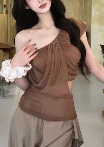 Sexy Brown Asymmetrical Cold Shoulder Tulle Top Summer