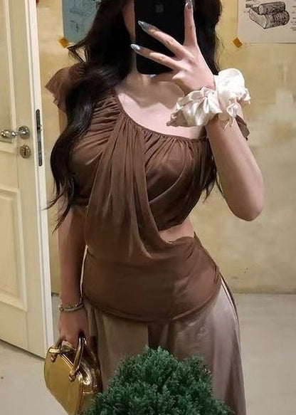 Sexy Brown Asymmetrical Cold Shoulder Tulle Top Summer