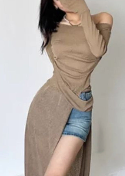 Sexy Brown One Shoulder Asymmetrical Side Open Silk Maxi Dresses Fall