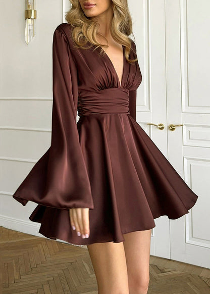 Sexy Brown V Neck High Waist Silk Mini Dresses Flare Sleeve