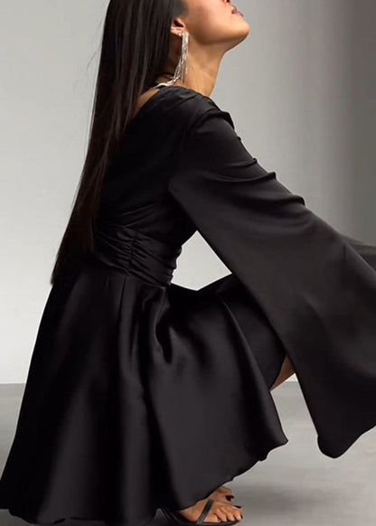 Sexy Brown V Neck High Waist Silk Mini Dresses Flare Sleeve