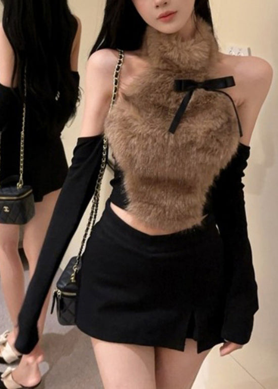 Sexy Coffee Bow Fur Hanging Neck Off Shoulder Short Top