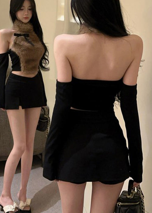 Sexy Coffee Bow Fur Hanging Neck Off Shoulder Short Top