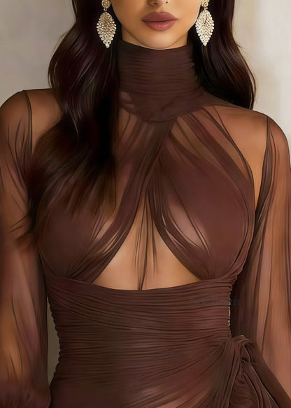 Sexy Coffee High Neck Asymmetrical Design Tulle Mini Dress Spring
