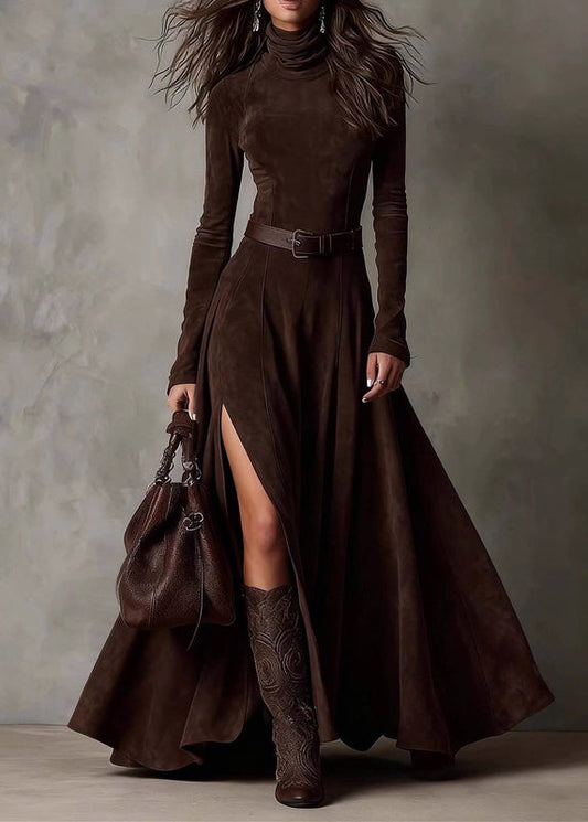 Sexy Coffee Patchwork Sashes Side Open Maxi Dresses Spring