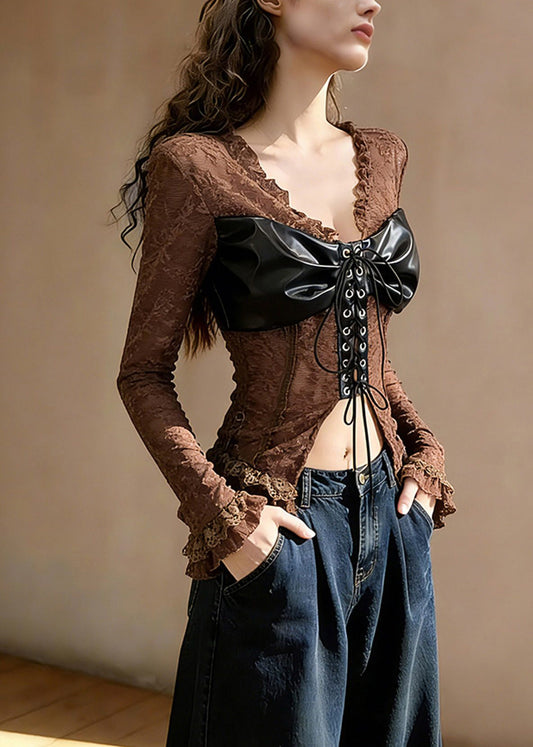 Sexy Coffee Ruffled Lace Up Patchwork Lace T Shirt Tops Spring
