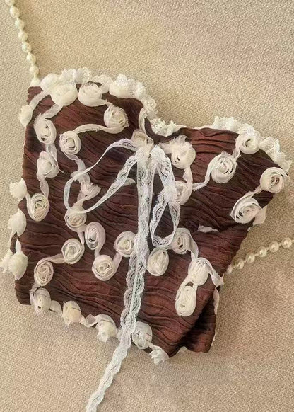 Sexy Coffee Strapless Floral Lace Trim? Tops Summer