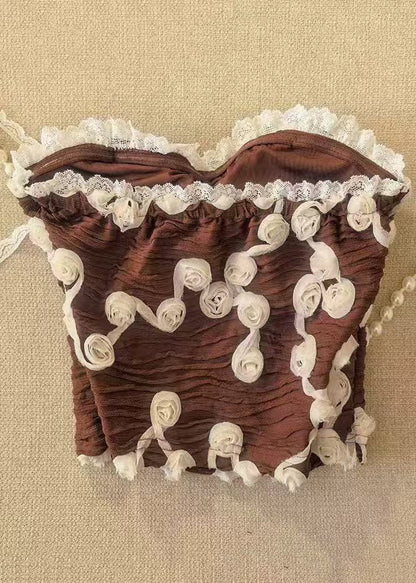 Sexy Coffee Strapless Floral Lace Trim? Tops Summer