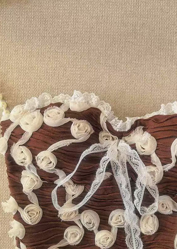 Sexy Coffee Strapless Floral Lace Trim? Tops Summer