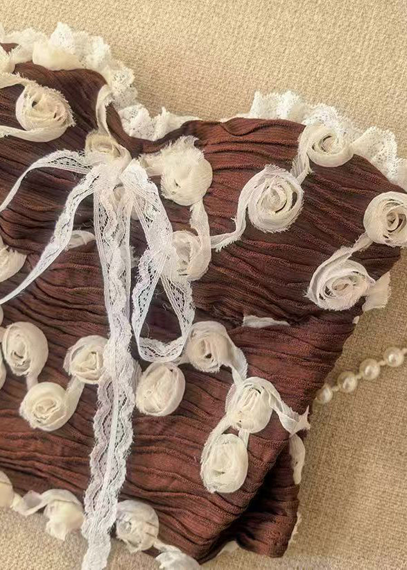 Sexy Coffee Strapless Floral Lace Trim? Tops Summer