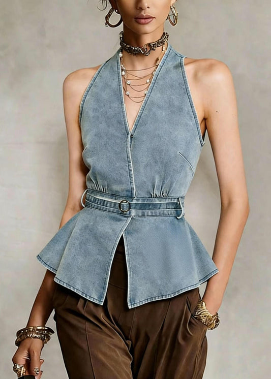 Sexy Cold Shoulder Halter Blue Denim Top Sleeveless