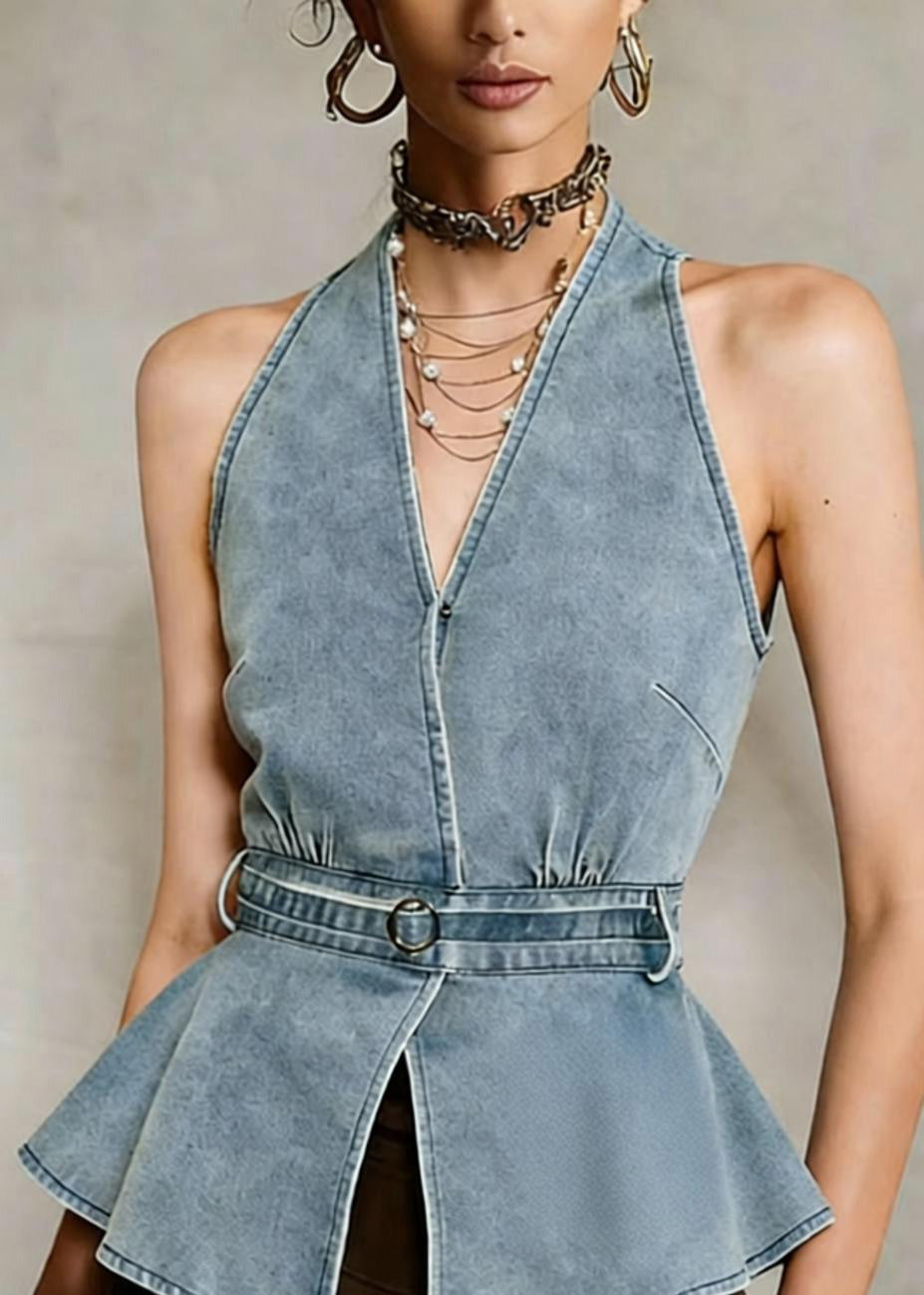Sexy Cold Shoulder Halter Blue Denim Top Sleeveless