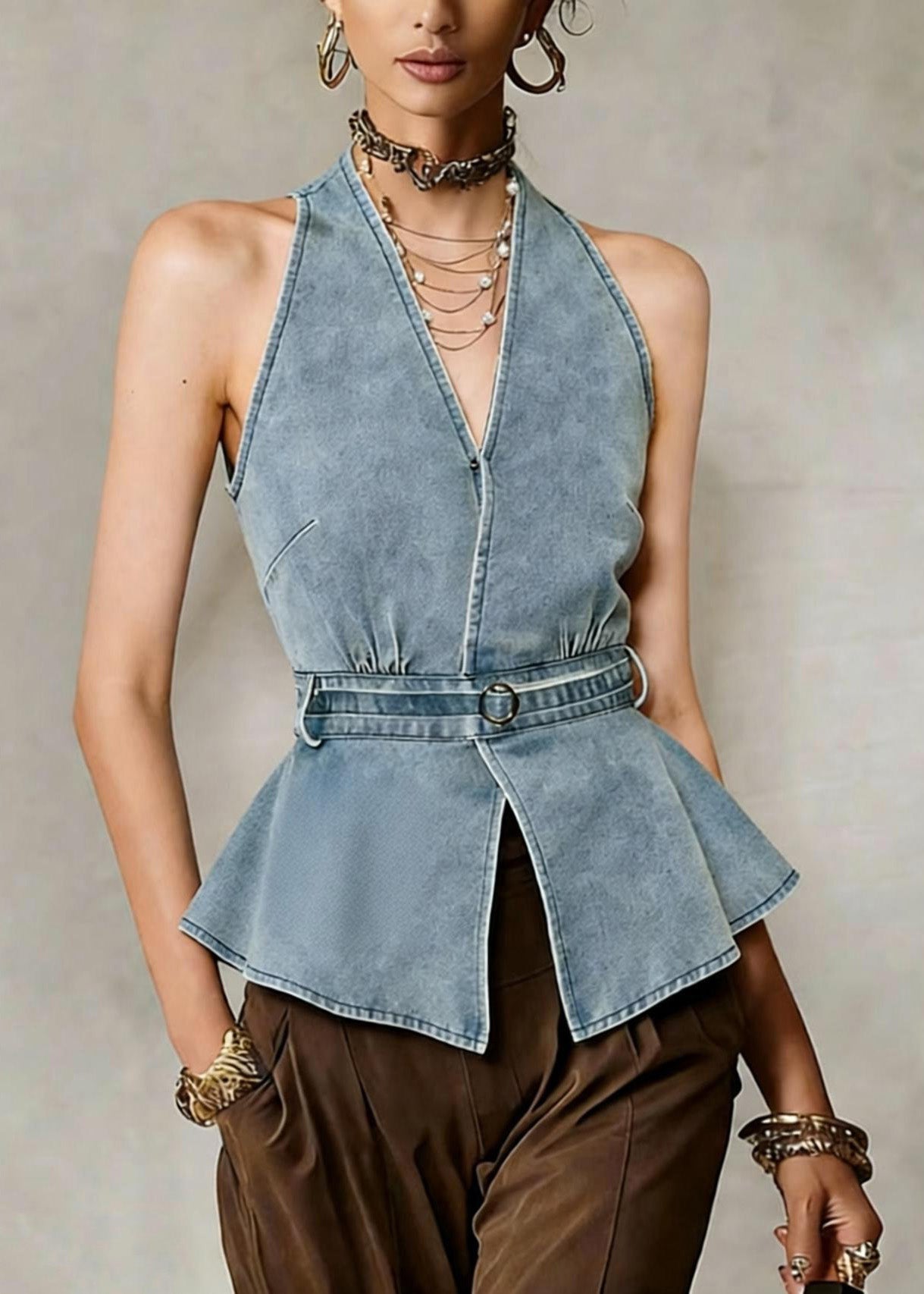 Sexy Cold Shoulder Halter Blue Denim Top Sleeveless