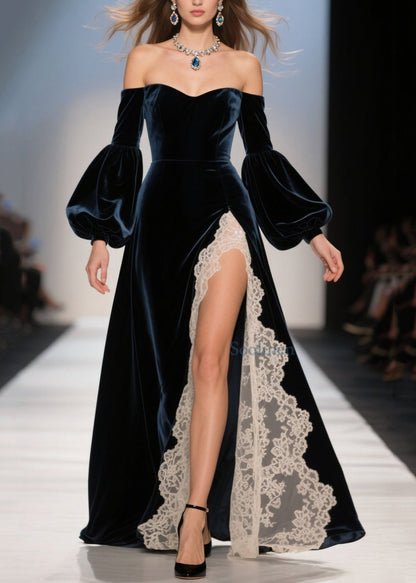 Vestidos sexis de terciopelo con hombros descubiertos y encaje de patchwork para primavera