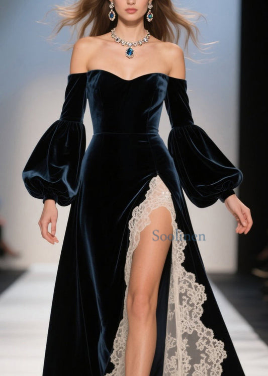 Sexy Kleider aus Samt mit kalten Schultern, Spitzen-Patchwork und Samt für den Frühling