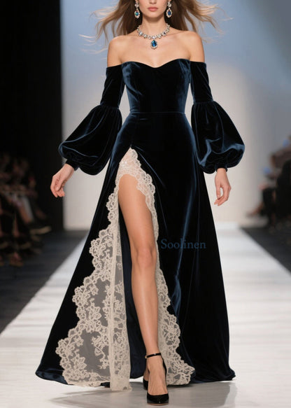 Vestidos sexis de terciopelo con hombros descubiertos y encaje de patchwork para primavera