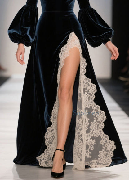 Vestidos sexis de terciopelo con hombros descubiertos y encaje de patchwork para primavera