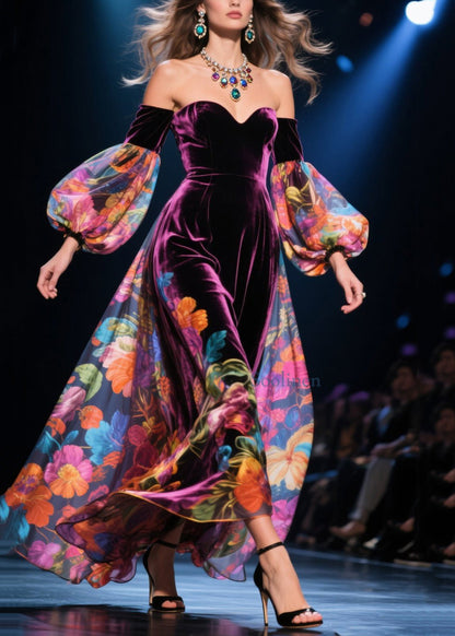 Vestido sexy de terciopelo con hombros descubiertos y estampado de patchwork para otoño