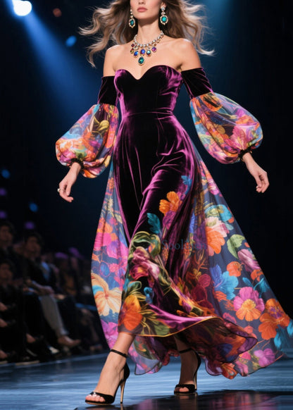 Vestido sexy de terciopelo con hombros descubiertos y estampado de patchwork para otoño