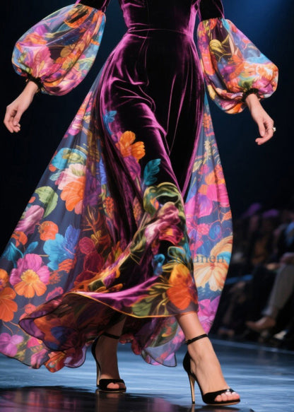 Vestido sexy de terciopelo con hombros descubiertos y estampado de patchwork para otoño