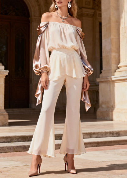 Sexy Cold Shoulder Ruffled Patchwork Silk 2 Piece Outfit Spring