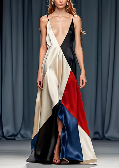 Sexy Colorblock V-Ausschnitt Spaghettiträger Partykleid aus Seide ärmellos