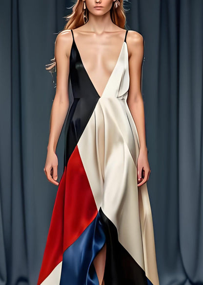 Sexy Colorblock V-Ausschnitt Spaghettiträger Partykleid aus Seide ärmellos