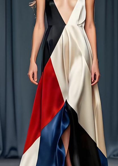Sexy Colorblock V-Ausschnitt Spaghettiträger Partykleid aus Seide ärmellos