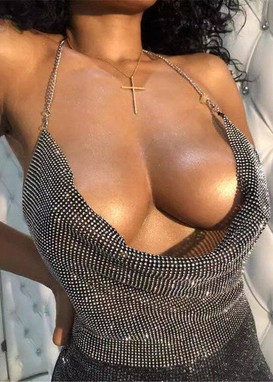 Sexy Gold Backless Halter Rhinestone Chain Linked Tops Summer