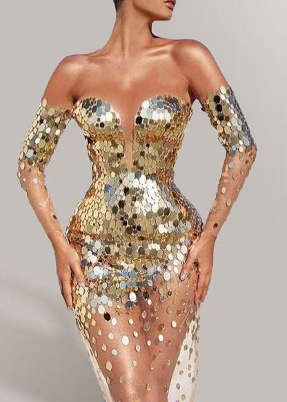 Sexy Gold Cold Shoulder Sequins Mesh Party Dress Long Sleeve