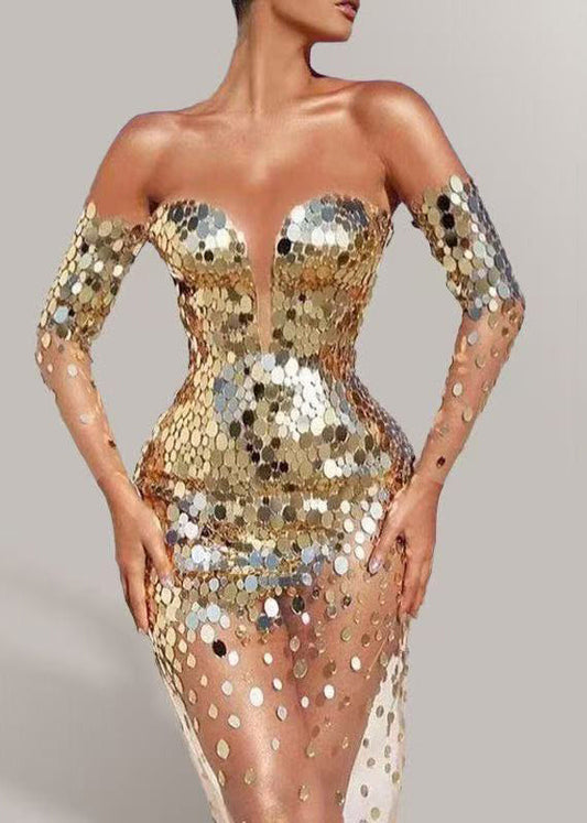 Sexy Gold Cold Shoulder Sequins Mesh Party Dress Long Sleeve