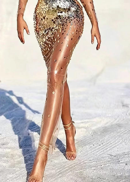 Sexy Gold Cold Shoulder Sequins Mesh Party Dress Long Sleeve