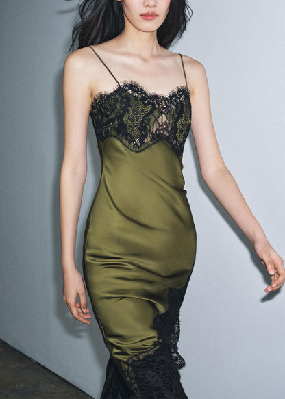 Sexy Green Lace Patchwork Silk Spaghetti Strap Dress Summer