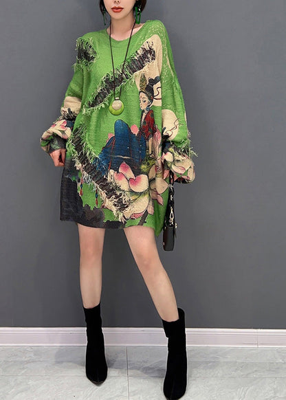 Sexy Grüner O-Ausschnitt Print Quaste Strickpullover Winter