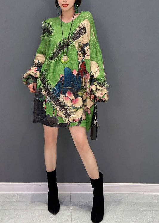 Sexy Grüner O-Ausschnitt Print Quaste Strickpullover Winter