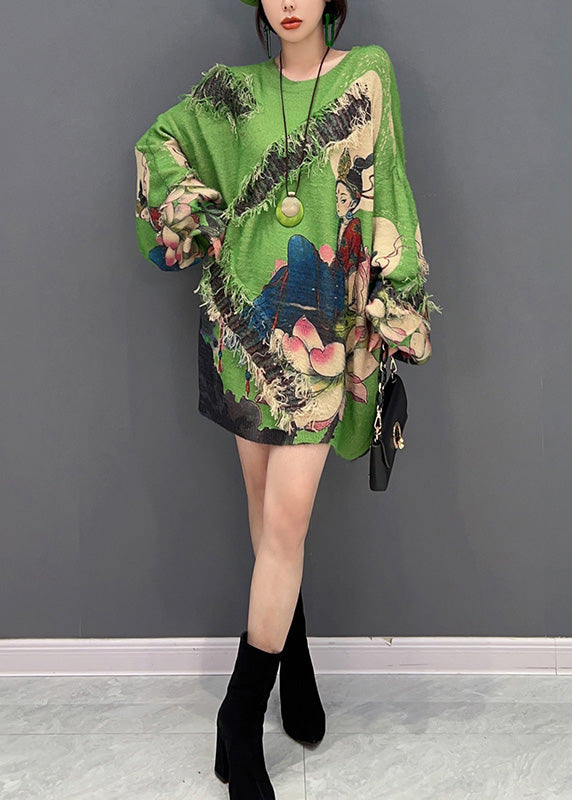 Sexy Grüner O-Ausschnitt Print Quaste Strickpullover Winter