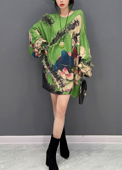 Sexy Grüner O-Ausschnitt Print Quaste Strickpullover Winter