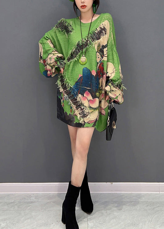 Sexy Grüner O-Ausschnitt Print Quaste Strickpullover Winter