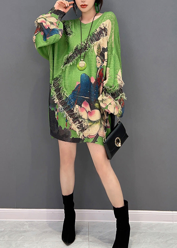 Sexy Grüner O-Ausschnitt Print Quaste Strickpullover Winter