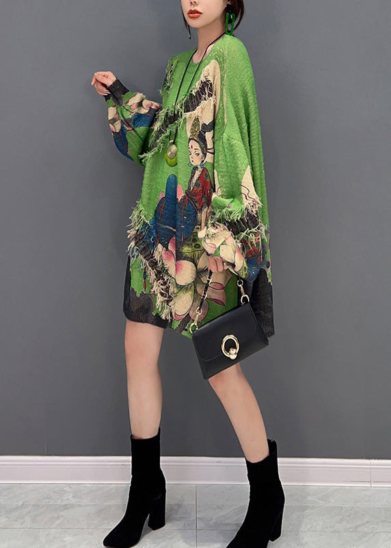 Sexy Grüner O-Ausschnitt Print Quaste Strickpullover Winter